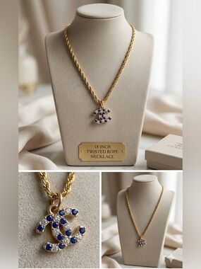 CHANEL EUC double C gold tone 
blue & clear rhinestone 
18” titanium gold rope